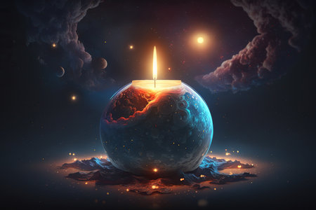 Burning candle in the shape of a planet. 3d renderの素材