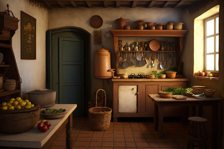 3d rendering of an old rustic kitchen in a farmhouseの素材