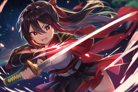 Illustration of a pretty samurai girl holding a sword in her handの素材