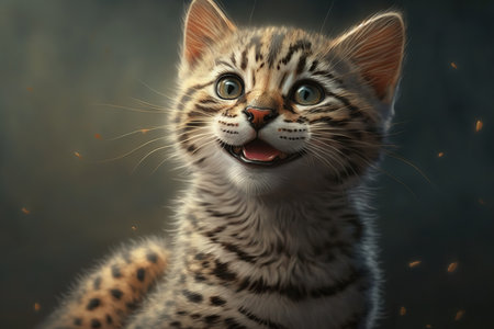 Cute bengal kitten on dark background, close-upの素材