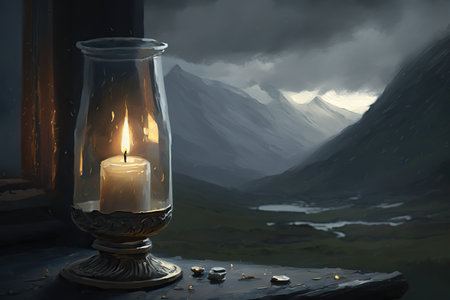 Burning candle in a glass candlestick on the background of a mountain landscapeの素材