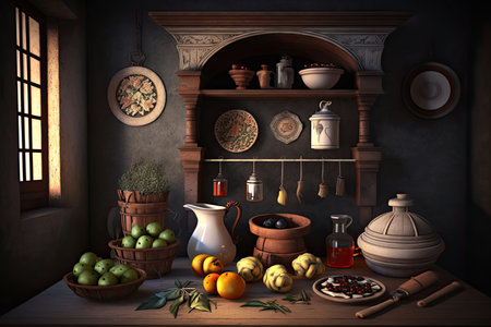 Vintage kitchen interior with wooden table, shelves with spices and fruits.の素材