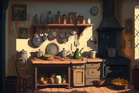 Illustration of an old kitchen with a wooden table and a stoveの素材