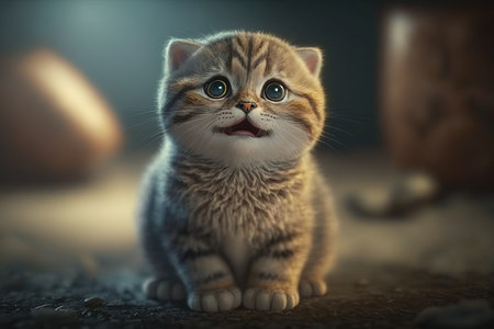 Cute scottish fold kitten sitting on the floor and looking at cameraの素材