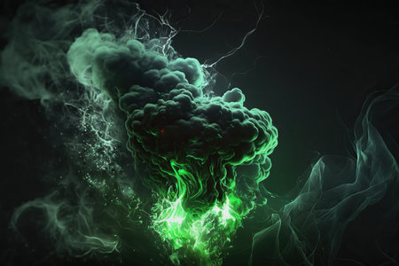 3D illustration of a green cloud of smoke with a black backgroundの素材