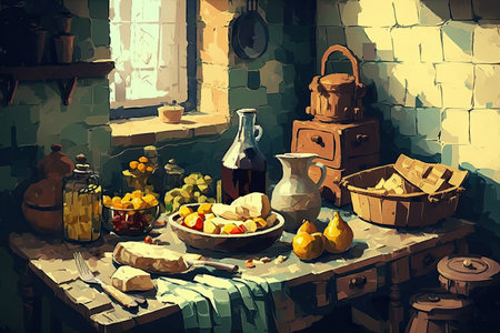 Vintage still life in the interior of a country house. Vector illustrationの素材