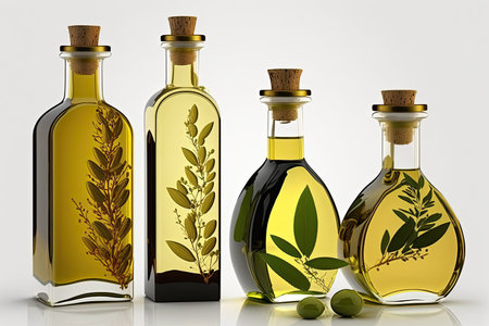 Olive oil bottles with olive branch and olives on white backgroundの素材