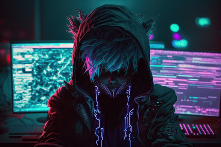 Portrait of a computer hacker wearing a hood and mask. Cybercrime concept.の素材