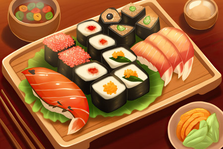 Illustration of a set of japanese sushi on a wooden trayの素材