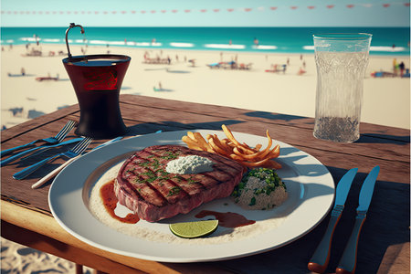 beef steak with rice and french fries on a wooden table on the beachの素材