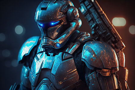 3D rendering of a cyber man with futuristic armor and blue lightsの素材