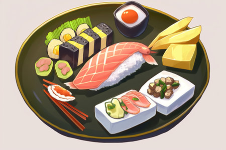 Illustration of a japanese sushi set on a plate.の素材