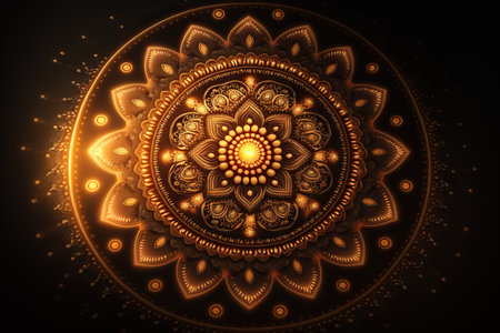 Beautiful mandala on black background. 3D rendering and illustration.の素材