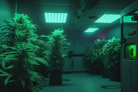 Interior of a hospital corridor with green plants and neon lights.の素材