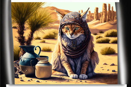 Egyptian cat in the desert. 3D illustration. Vintage style.の素材