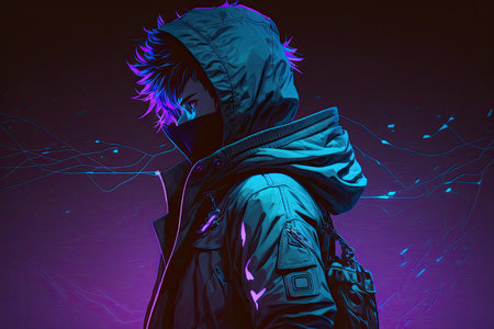 Portrait of a man in a hooded jacket. 3d render.の素材