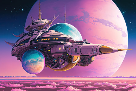 Space ship in the background of the planet. 3D illustration.の素材