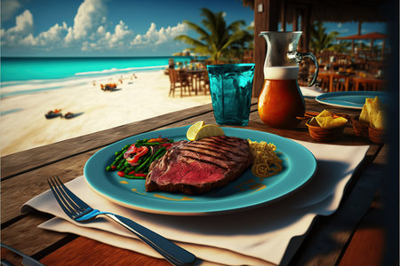 Beef steak on a plate with lemon and salad on the beachの素材