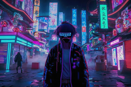 a man wearing a virtual reality mask on the streetの素材