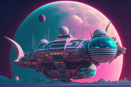 Fantasy alien planet. Flying saucers. 3D illustration.の素材