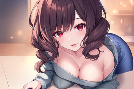 3D rendering of a beautiful girl in a blue dress with red eyes.の素材