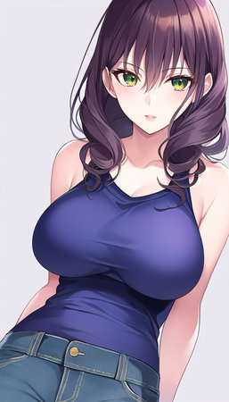 A cute illustration of a young woman in a black tank top.の素材