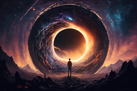 Man looking at the sun in the space. 3D Renderの素材