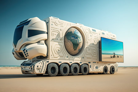 3D rendering of a space ship with a world map on the trailerの素材
