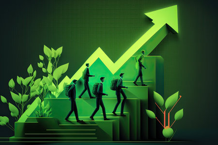 Business people climbing up the stairs and looking at growing arrow. Vector illustration.の素材