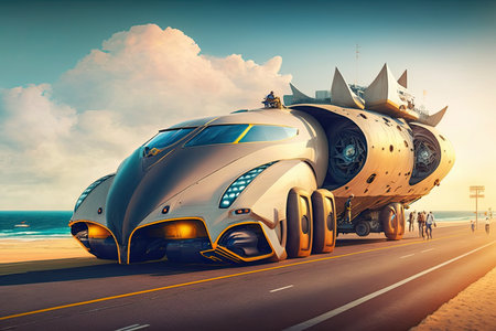 Futuristic car on the road at sunset. 3d renderの素材