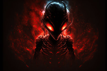 3D rendering of a female alien in red and blue flames.の素材