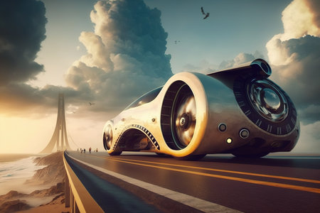 Conceptual image of a futuristic car on the road at sunsetの素材