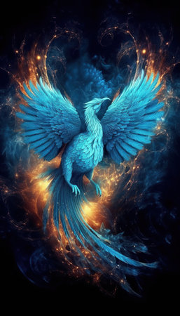 a giant flaming phoenix in deep space with blue veins illustration generative aiの素材