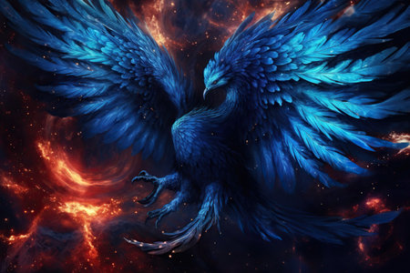 a giant flaming phoenix in deep space with blue veins illustration generative aiの素材