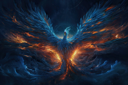 a giant blue phoenix in deep space with blue veins illustration generative aiの素材