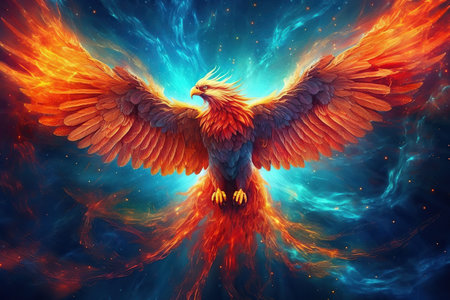 a giant flaming phoenix in deep space with blue veins illustration generative aiの素材