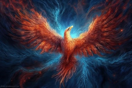 a wonderful phoenix in deep space with blue veins illustration generative aiの素材