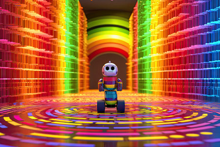 circle rainbow robot on a rainbow road generative aiの素材