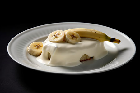marvelous banana pudding on a plate, black background, illustration, generative aiの素材