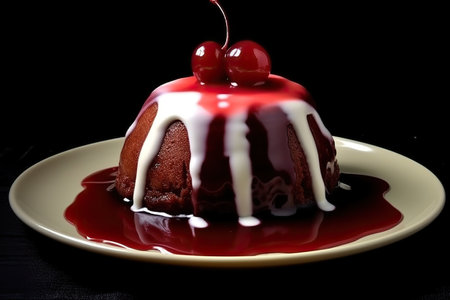 marvelous cream pudding on a plate, black background, illustration, generative aiの素材