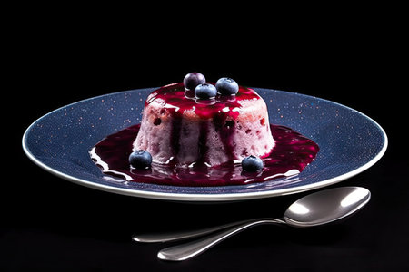 marvelous blueberry pudding on a plate, black background, illustration, generative aiの素材