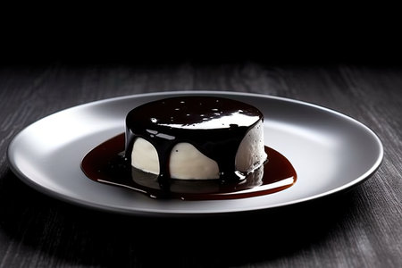 marvelous black pannacotta on a plate, black background, illustration, generative aiの素材