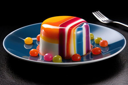 marvelous colorful pannacotta on a plate, black background, illustration, generative aiの素材
