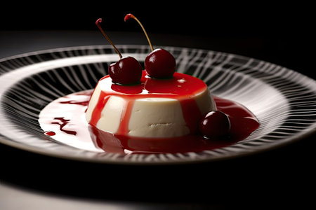 marvelous cherry pannacotta on a plate, black background, illustration, generative aiの素材