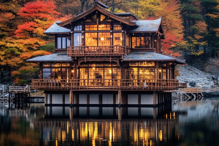 amazing japan house on the lake, illustration, generative aiの素材