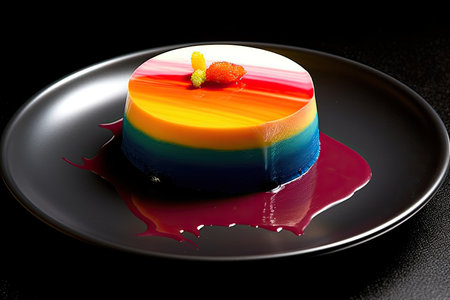 marvelous rainbow pannacotta on a plate, illustration, black background, generative aiの素材