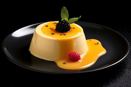 marvelous yellow pannacotta on a plate, black background, illustration, generative aiの素材