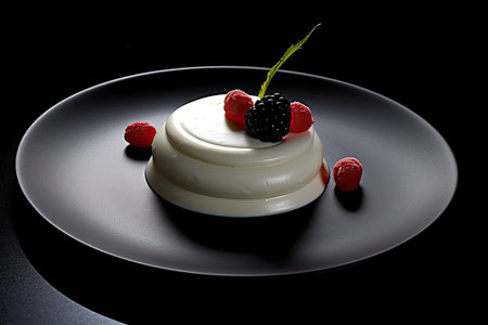 marvelous white pannacotta on a plate, black background, illustration, generative aiの素材