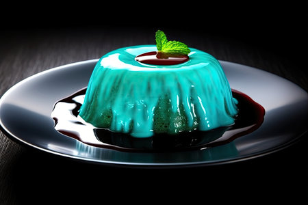 marvelous pudding on a plate, black background, illustration, generative aiの素材