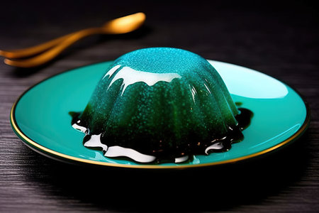 marvelous pudding on a plate, black background, illustration, generative aiの素材